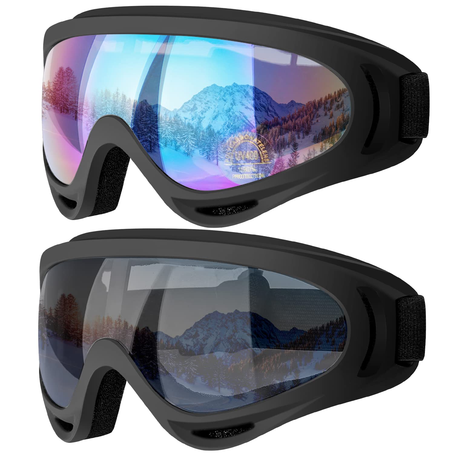 COOLOO Gafas de esquí, paquete de 2 gafas de nieve para snowboard para hombres, mujeres y niños - Protección UV, espuma, antiarañazos, a prueba de polvo