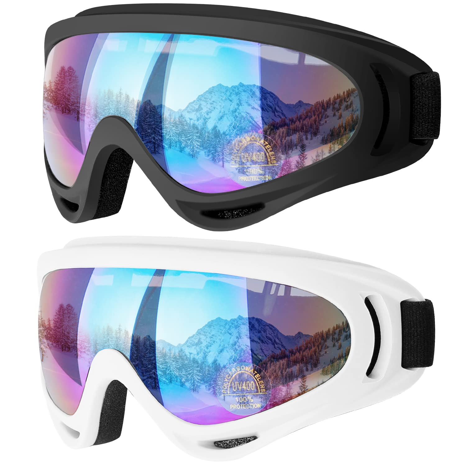 COOLOO Gafas de esquí, paquete de 2 gafas de nieve para snowboard para hombres, mujeres y niños - Protección UV, espuma, antiarañazos, a prueba de polvo