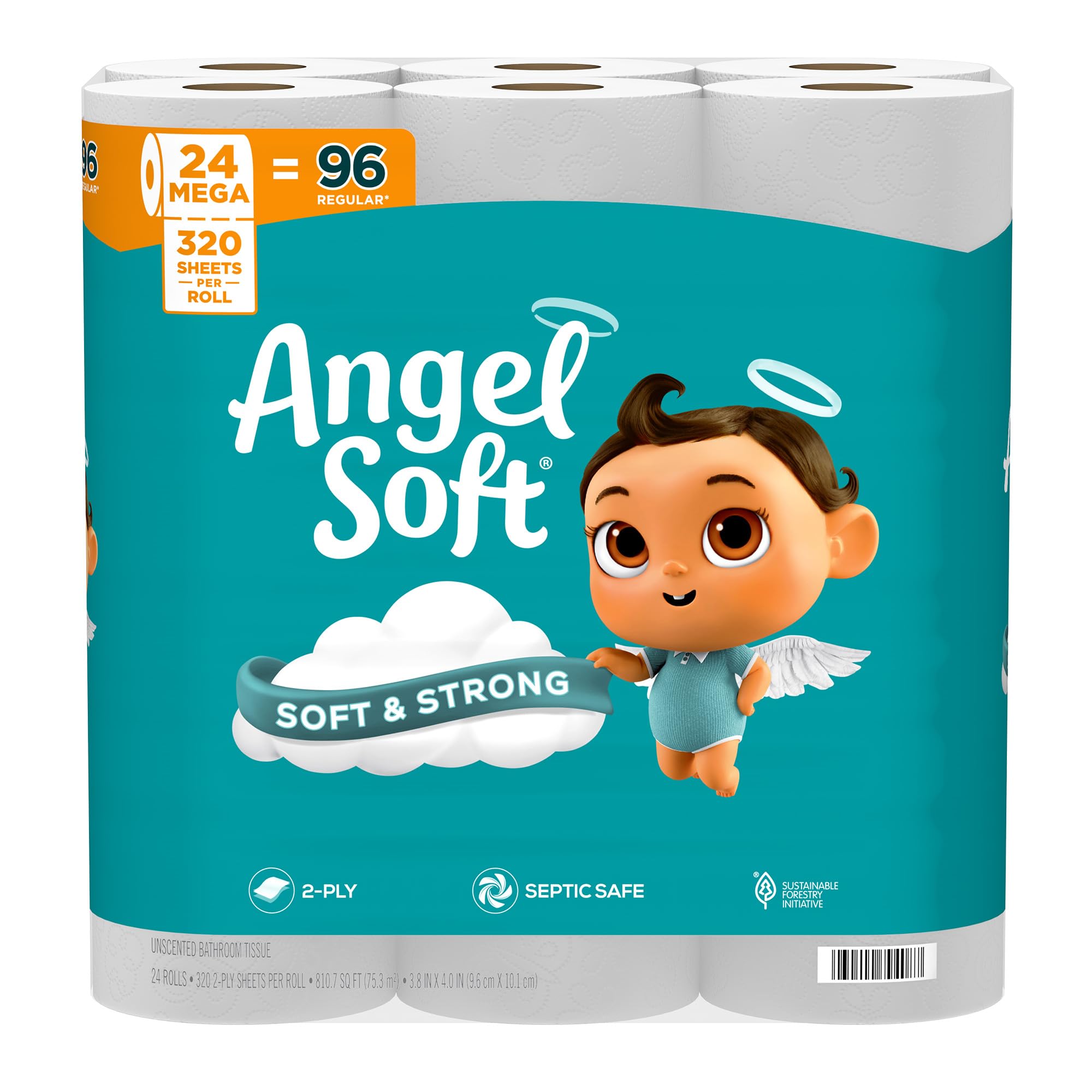 Papel higiénico Angel Soft, 18 mega rollos = 72 rollos regulares, papel higiénico suave y resistente