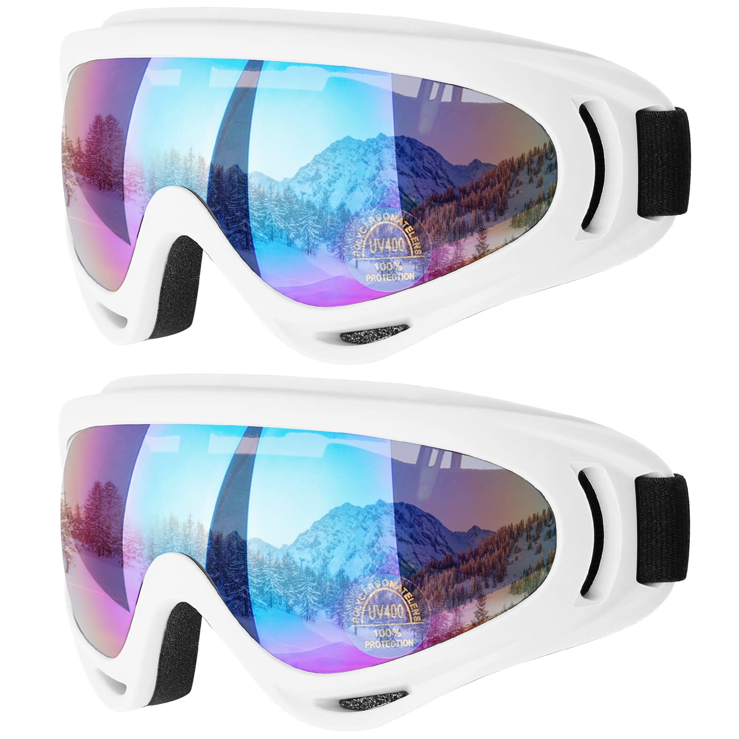 COOLOO Gafas de esquí, paquete de 2 gafas de nieve para snowboard para hombres, mujeres y niños - Protección UV, espuma, antiarañazos, a prueba de polvo