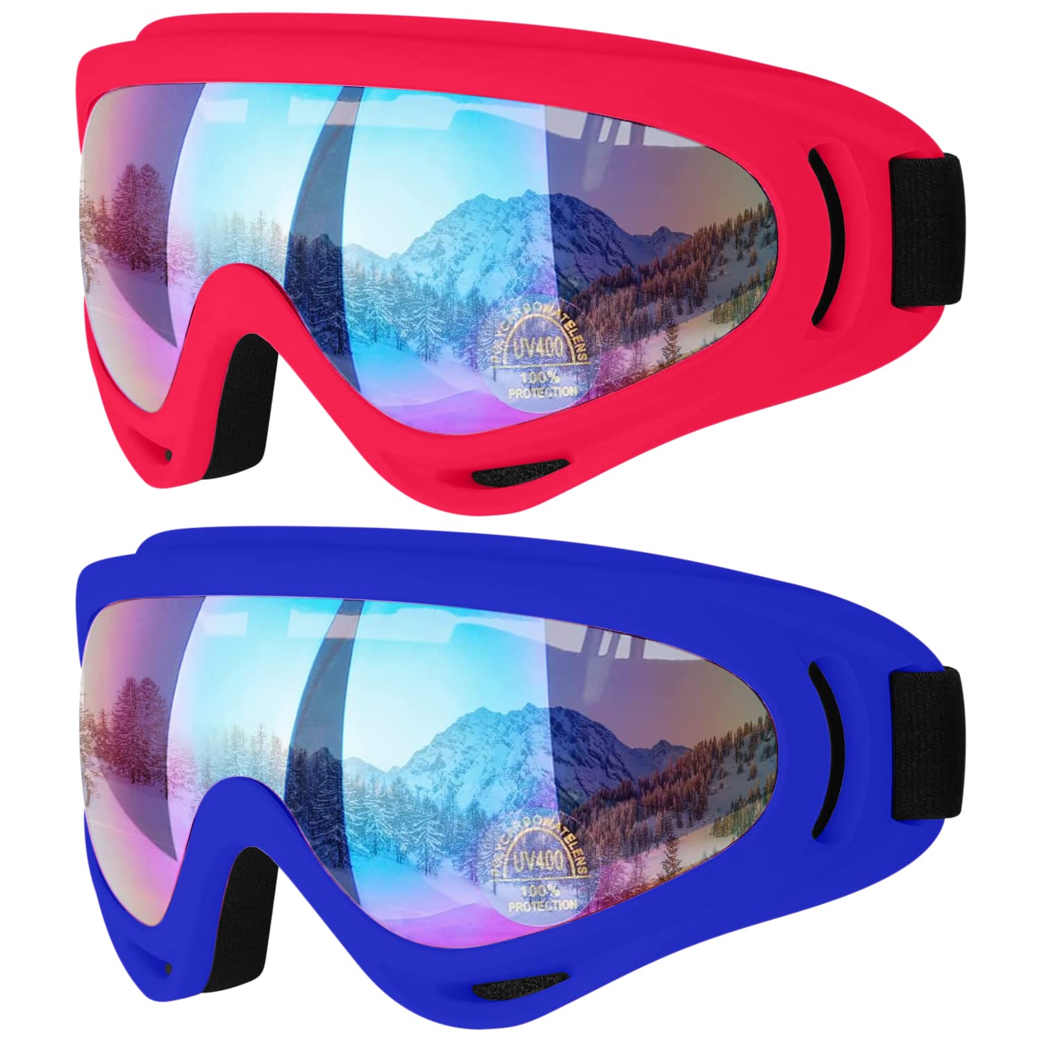 COOLOO Gafas de esquí, paquete de 2 gafas de nieve para snowboard para hombres, mujeres y niños - Protección UV, espuma, antiarañazos, a prueba de polvo