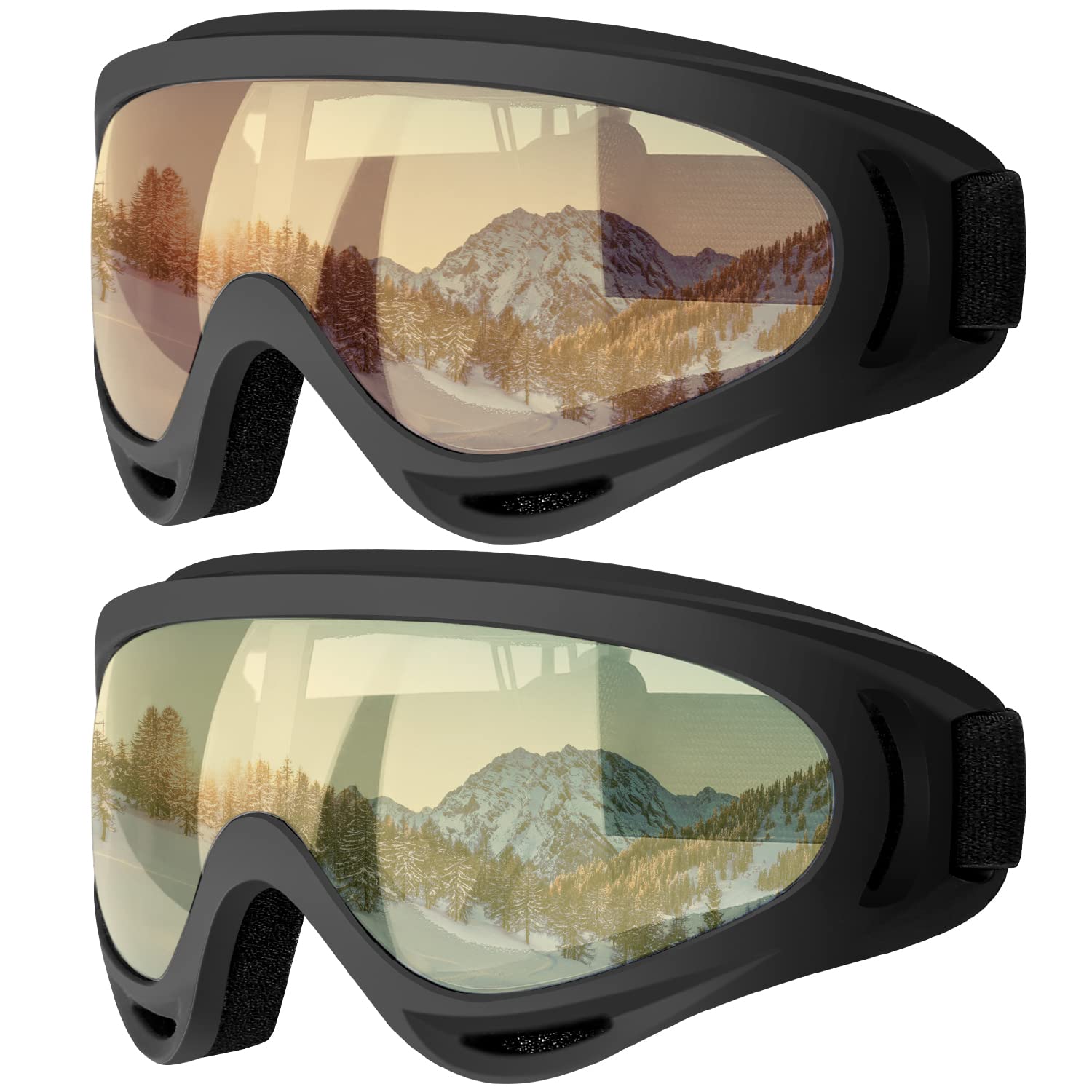 COOLOO Gafas de esquí, paquete de 2 gafas de nieve para snowboard para hombres, mujeres y niños - Protección UV, espuma, antiarañazos, a prueba de polvo