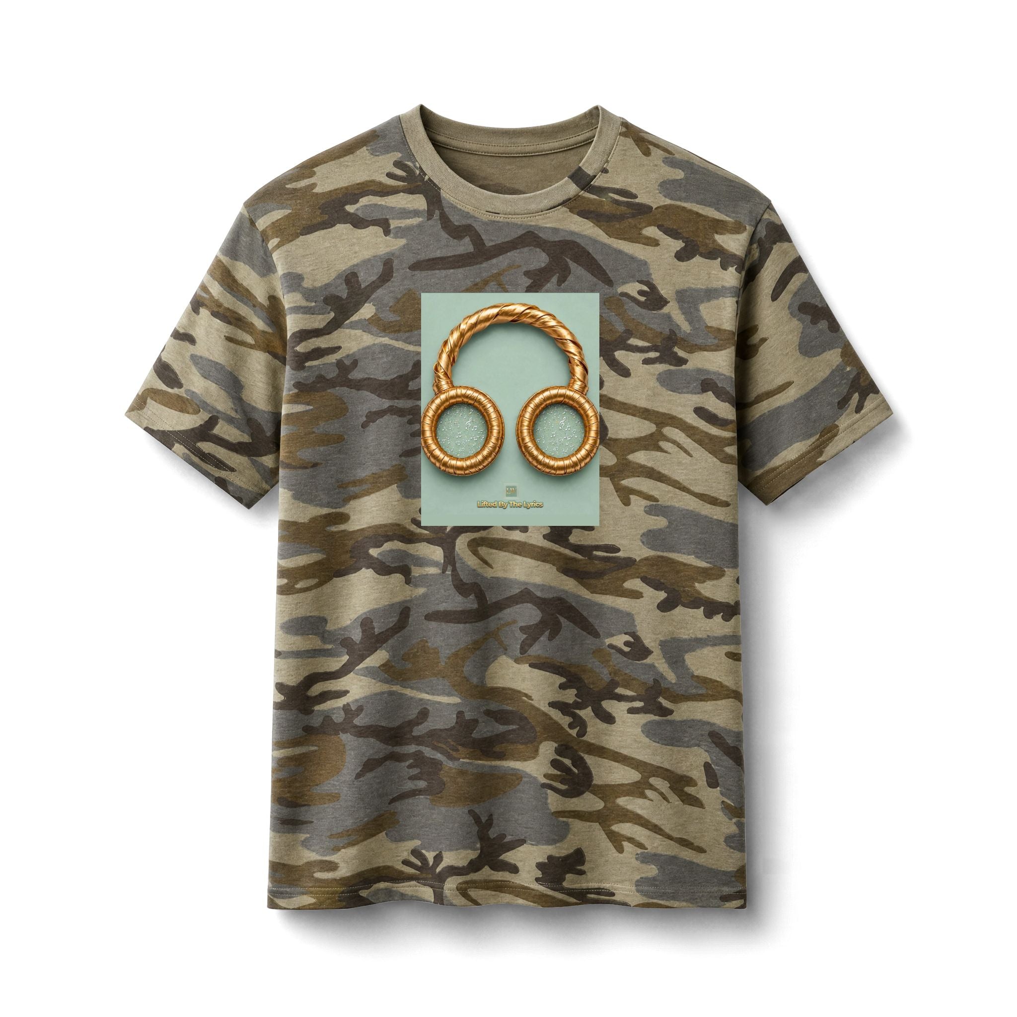 Camo Music Tee — Olive Camo T-Shirt with Golden Headphones Print