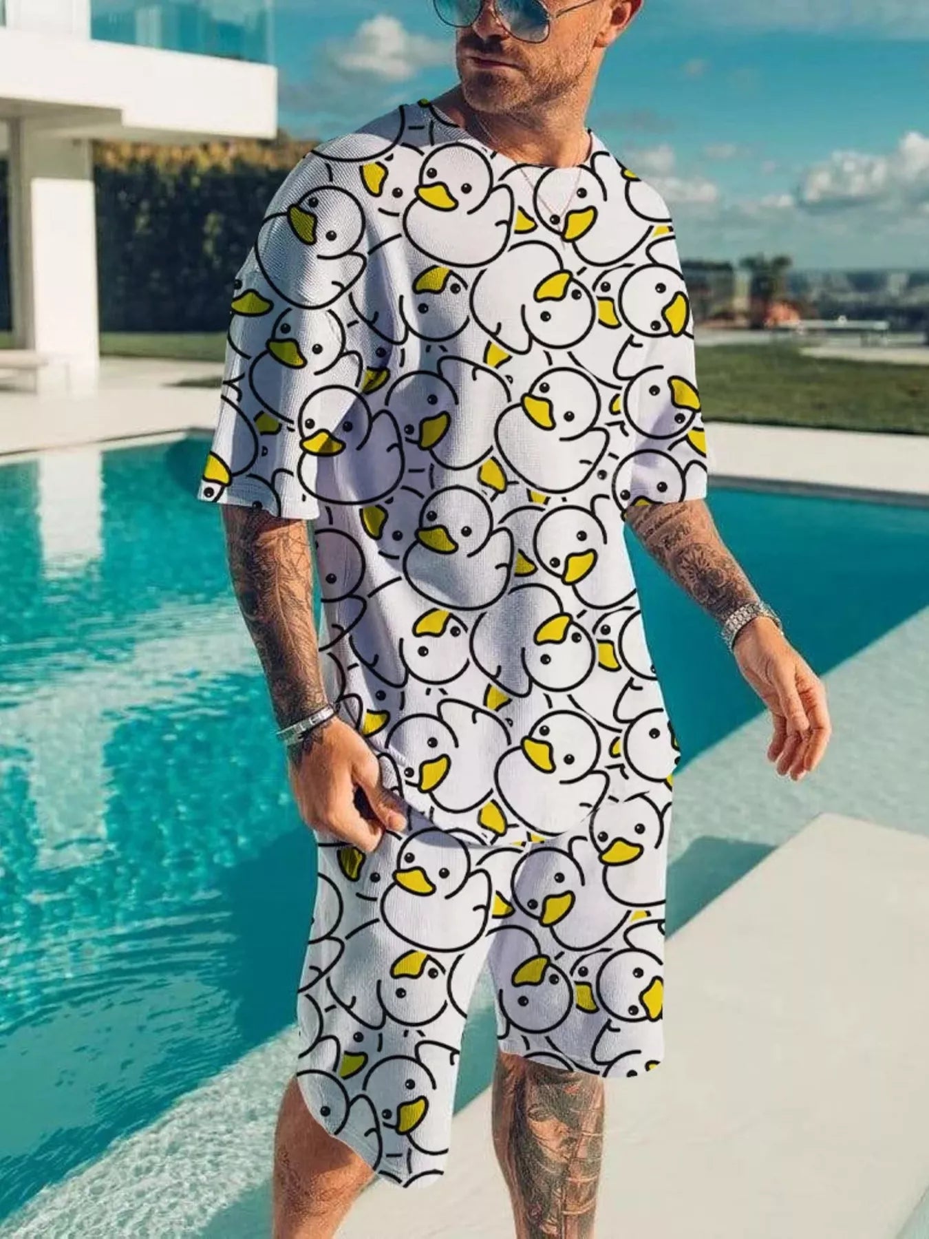 Men's Full Size Printed Short Sleeve Tee and Shorts Plus Size