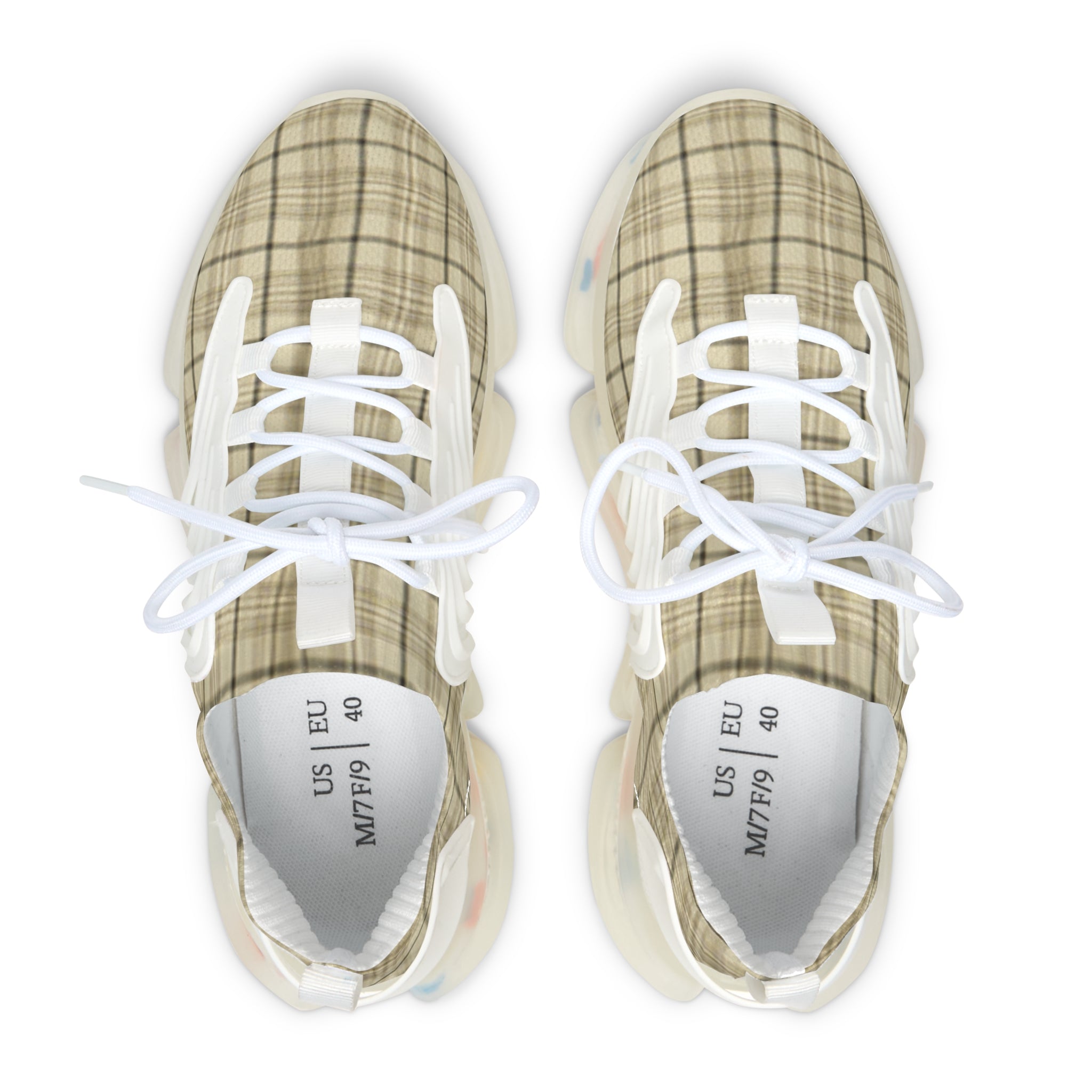 Plaid Mesh Sneakers — Women's Beige Lightweight Athletic Shoes