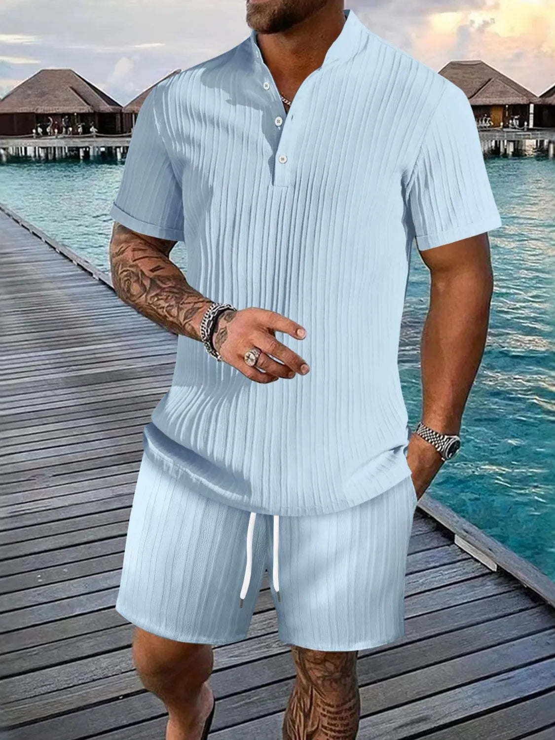 Men's Full Size Button Detail Short Sleeve Top and Shorts Set Plus Size