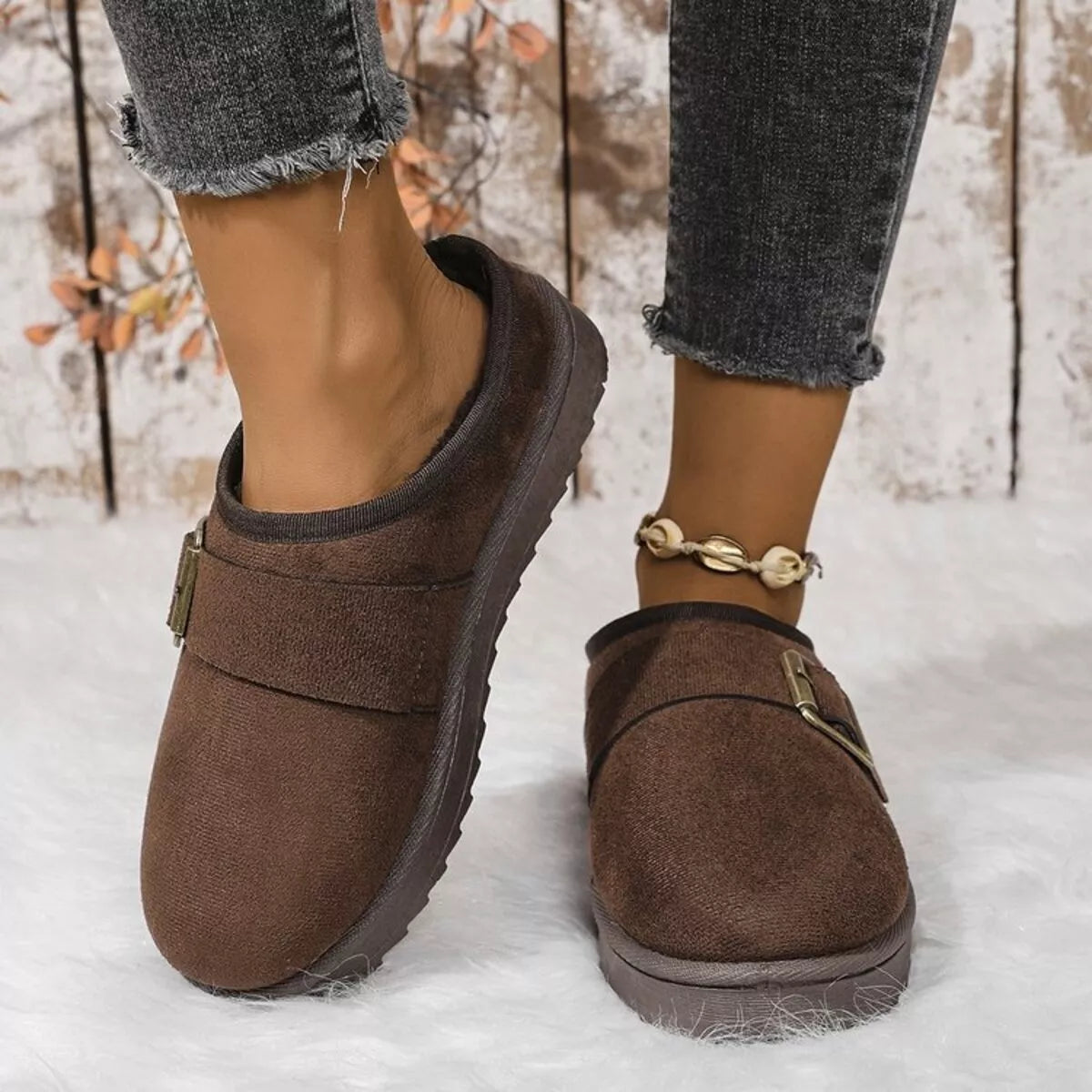 Buckle Decor Plush Lined Warm Slippers