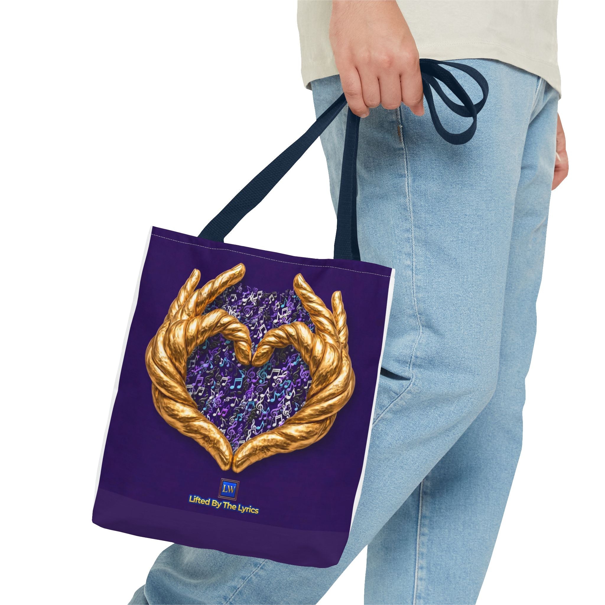 Purple Heart Tote Bag with Gold Hand Heart Design – "Lifted By The Lyrics" Art Tote