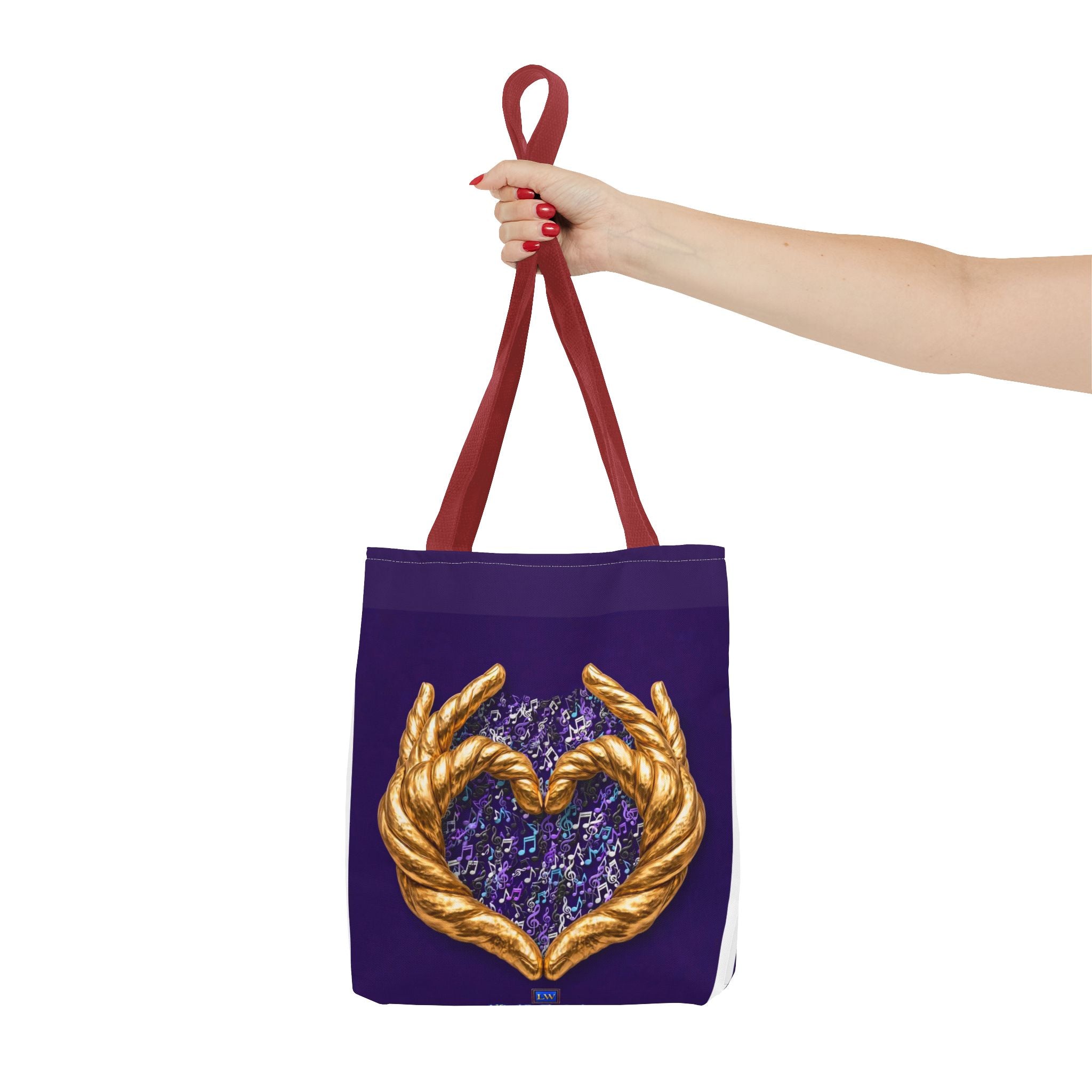 Purple Heart Tote Bag with Gold Hand Heart Design – "Lifted By The Lyrics" Art Tote