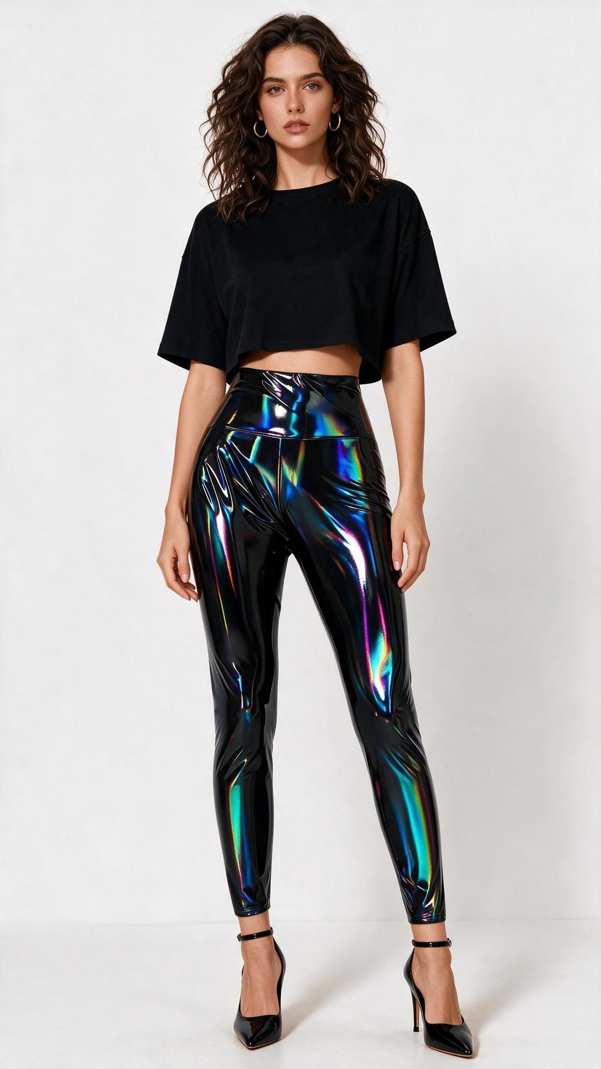 Women Holographic Metallic Patent Capri Leggings, High Waisted Shiny Iridescent 7-8 Cropped Pants For Club Party Festival
