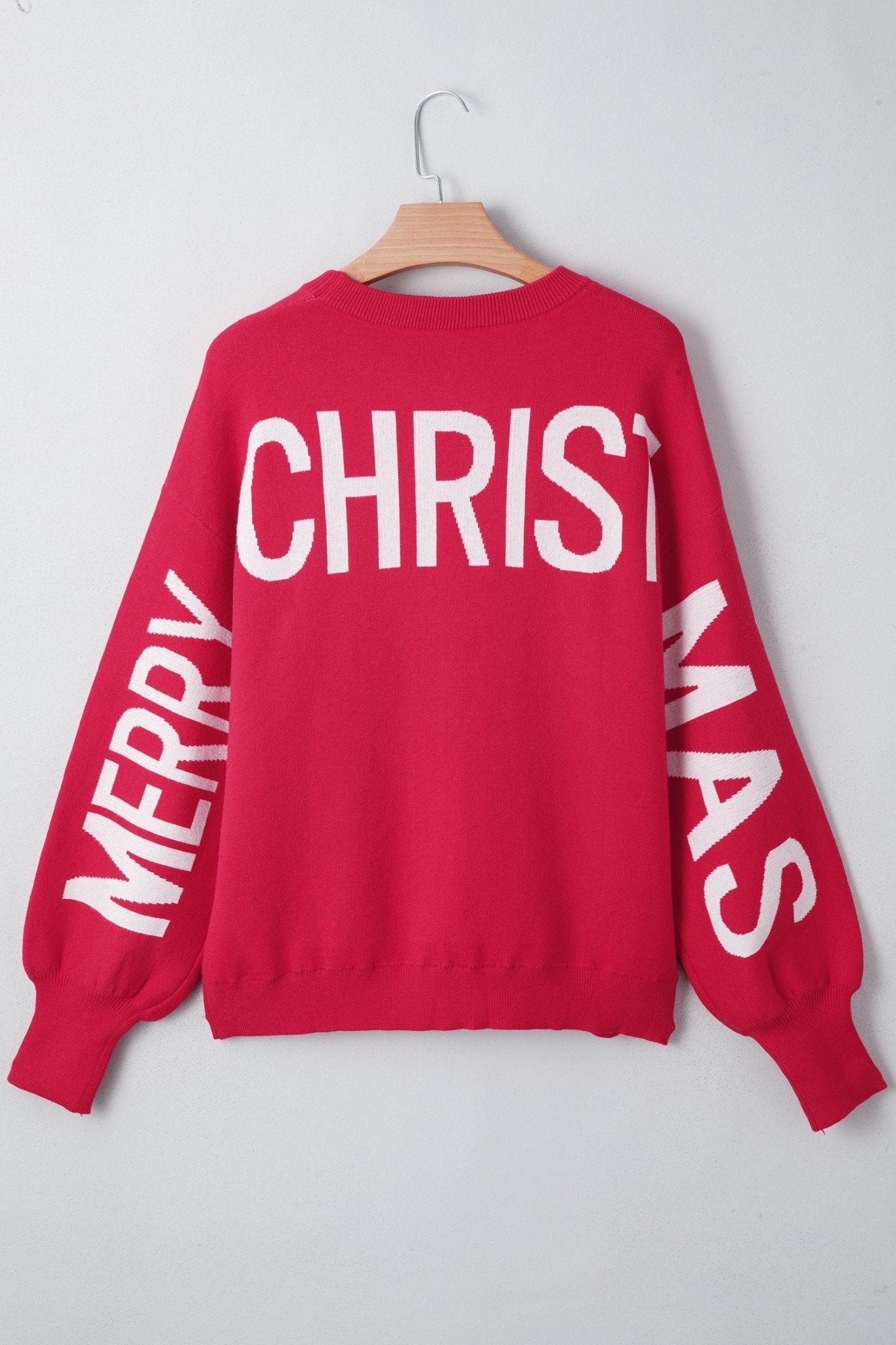 Fiery Red HO HO HO MERRY CHRISTMAS Drop Shoulder Loose Sweater - The LW Shop