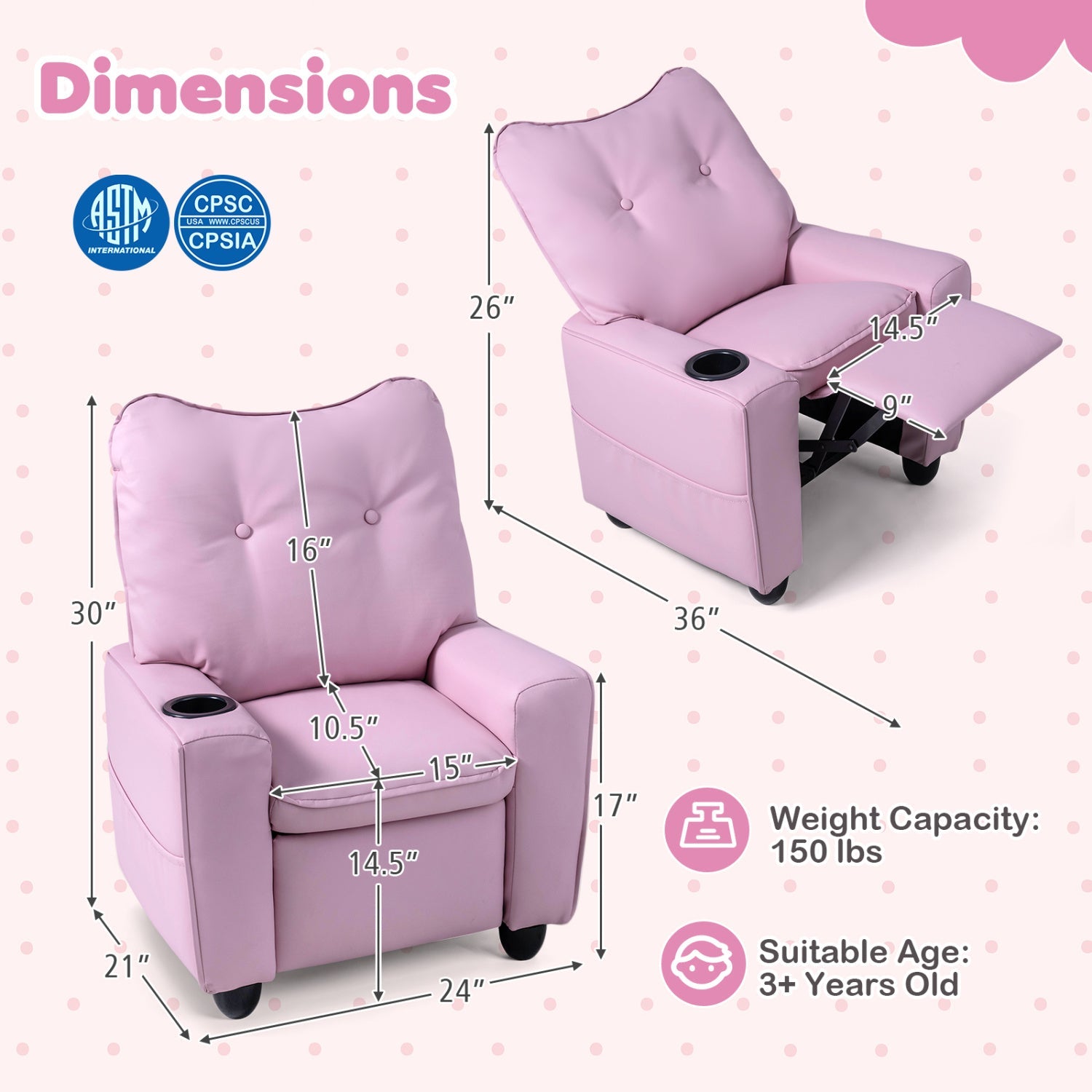 Kids Recliner Chair with Cup Holder and Adjustable Backrest - The LW Shop