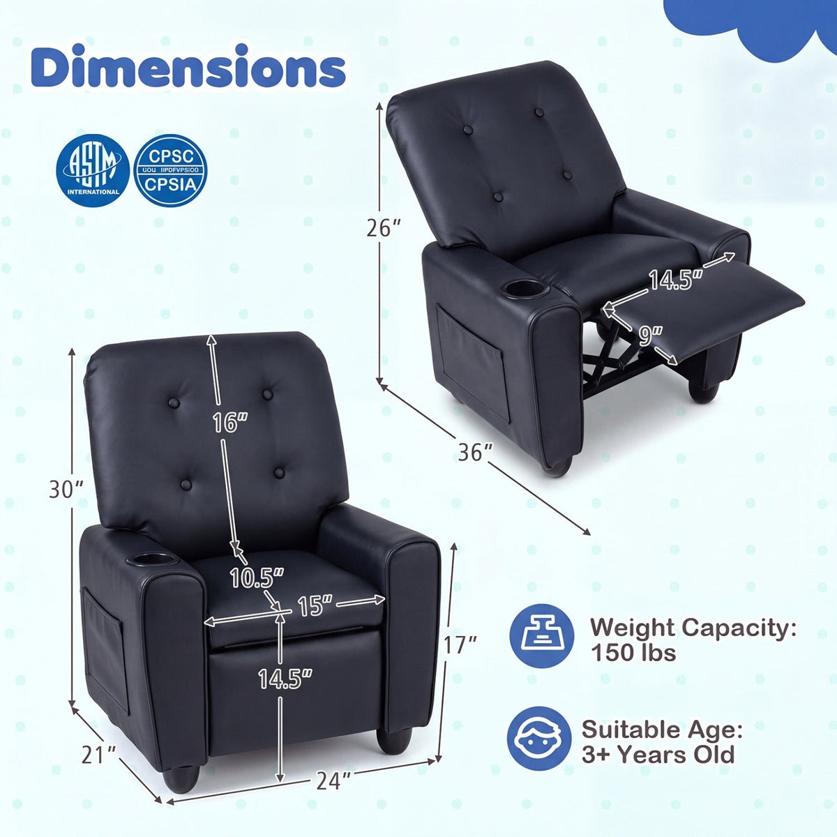 Kids Recliner Chair with Cup Holder & Adjustable Backrest - The LW Shop