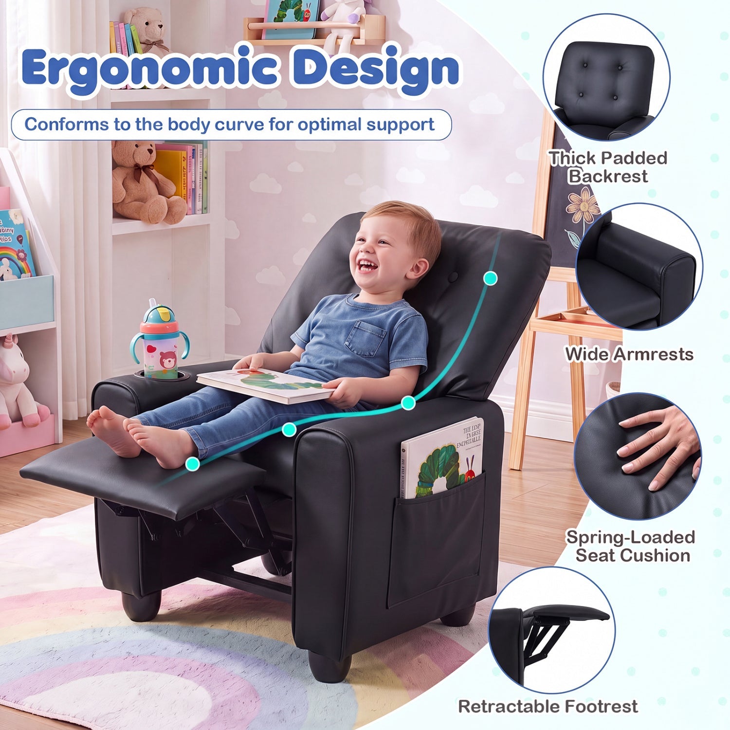 Kids Recliner Chair with Cup Holder & Adjustable Backrest - The LW Shop