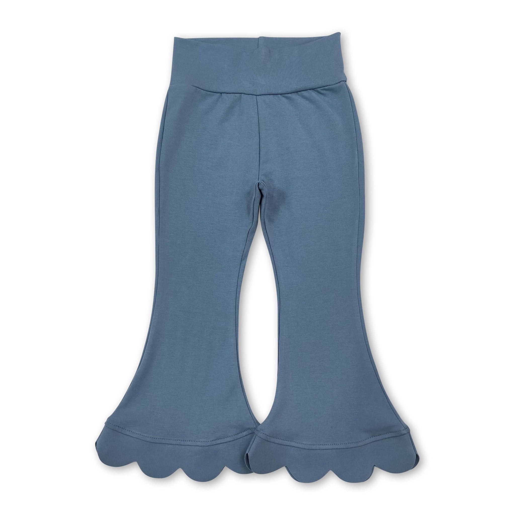 High waist blue cotton scallop kids girls flare pants - The LW Shop
