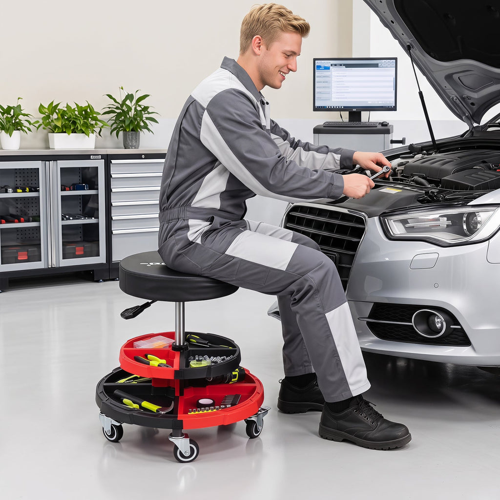 Rolling Mechanic Stool with Adjustable Height and Tool Trays - The LW Shop