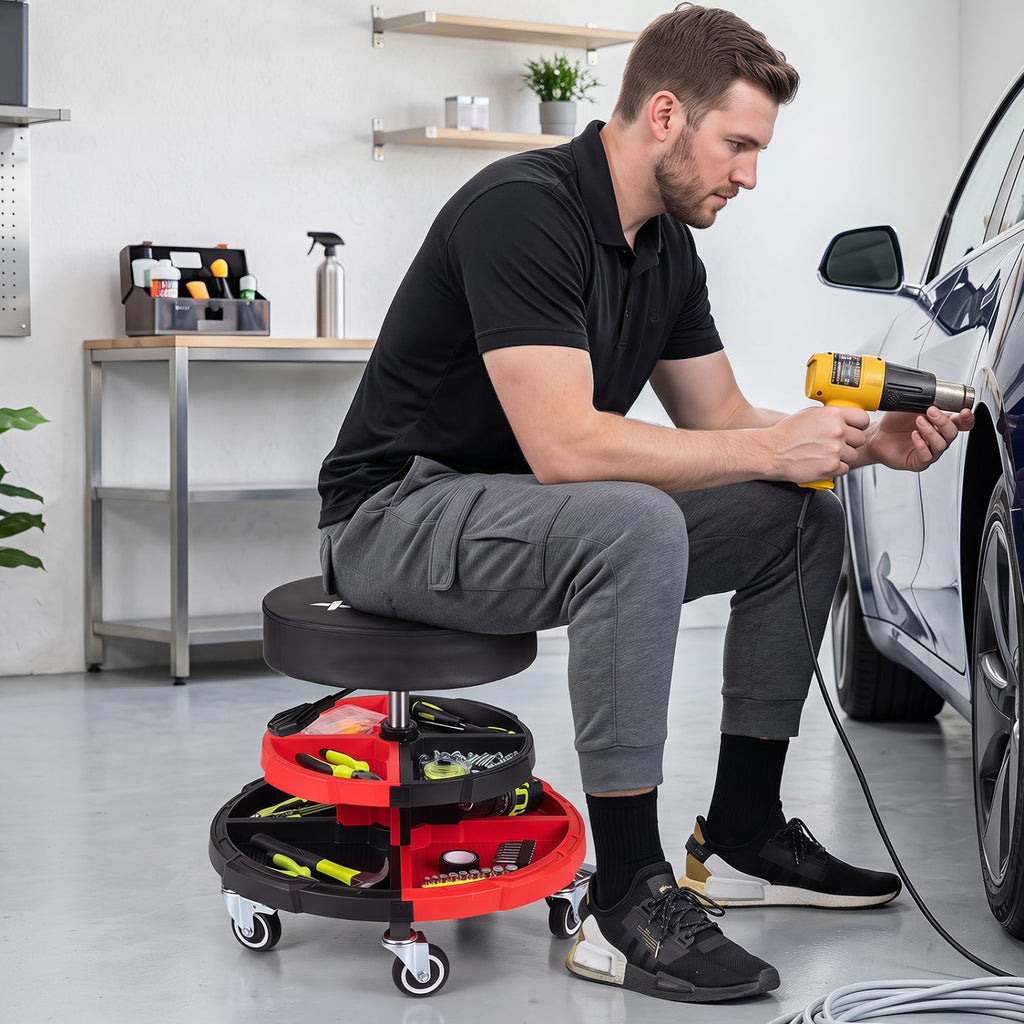Rolling Mechanic Stool with Adjustable Height and Tool Trays - The LW Shop