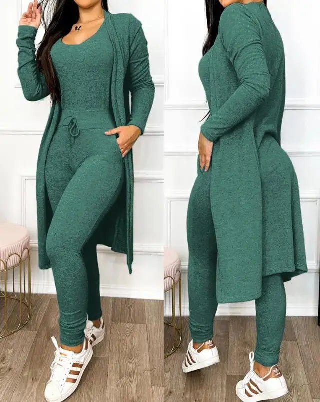Two Piece Set Women Outfit 2023 Spring Fashion Drawstring Pocket Design U-Neck Sleeveless Skinny Jumpsuit & Long Sleeve Coat Set - The LW Shop