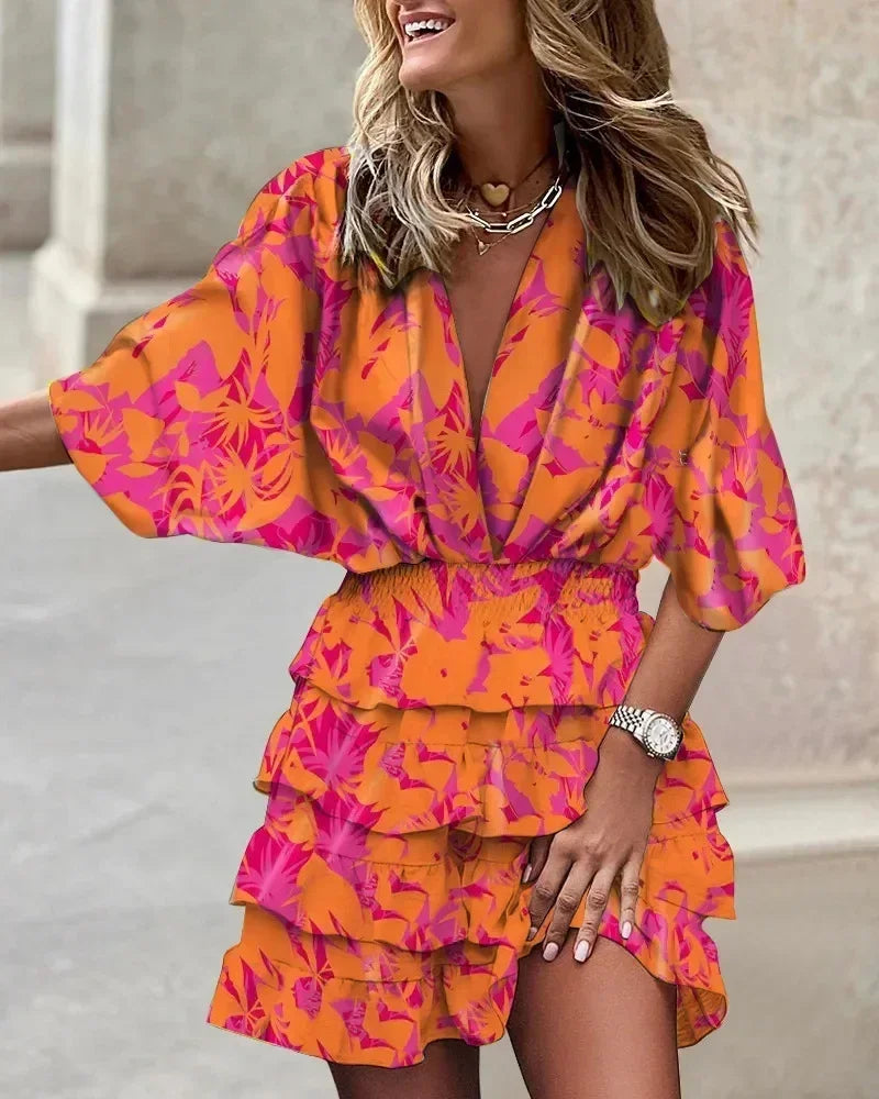 Vestido corto informal de calle para mujer, con estampado de manga murciélago, cuello en V, holgado, elegante, con cordones, volantes, estilo playero, otoño 2024