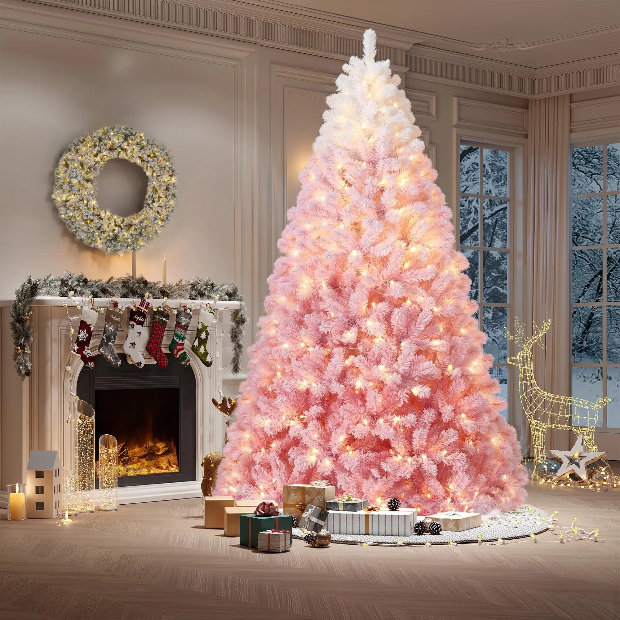 4.5 ft Prelit Artificial Christmas Tree with 100 RGB & Warm White Lights, Pre-Lit Snow Flocked Christmas Tree, Foldable Base for Home Office Party Holiday Decor - The LW Shop