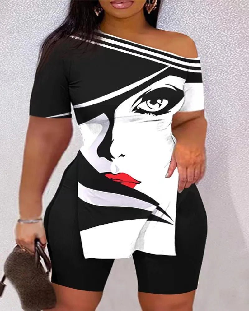 Print Two Piece Shorts Sets Women Skew Collar Short Sleeve Shirts Side Split Tops Pullover Elastic Waist Trousers Summer 2025 - The LW Shop