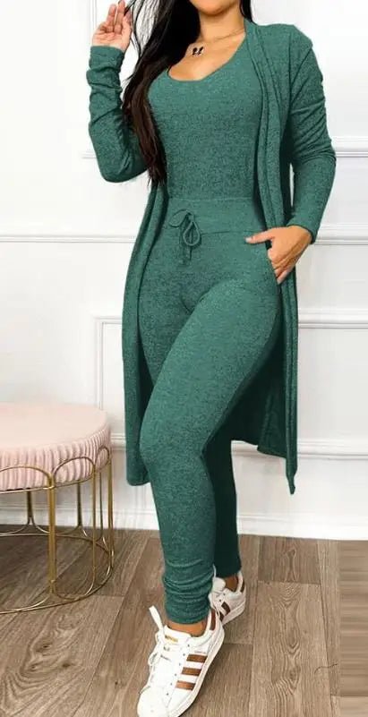 Two Piece Set Women Outfit 2023 Spring Fashion Drawstring Pocket Design U-Neck Sleeveless Skinny Jumpsuit & Long Sleeve Coat Set - The LW Shop