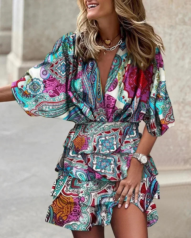 Vestido corto informal de calle para mujer, con estampado de manga murciélago, cuello en V, holgado, elegante, con cordones, volantes, estilo playero, otoño 2024