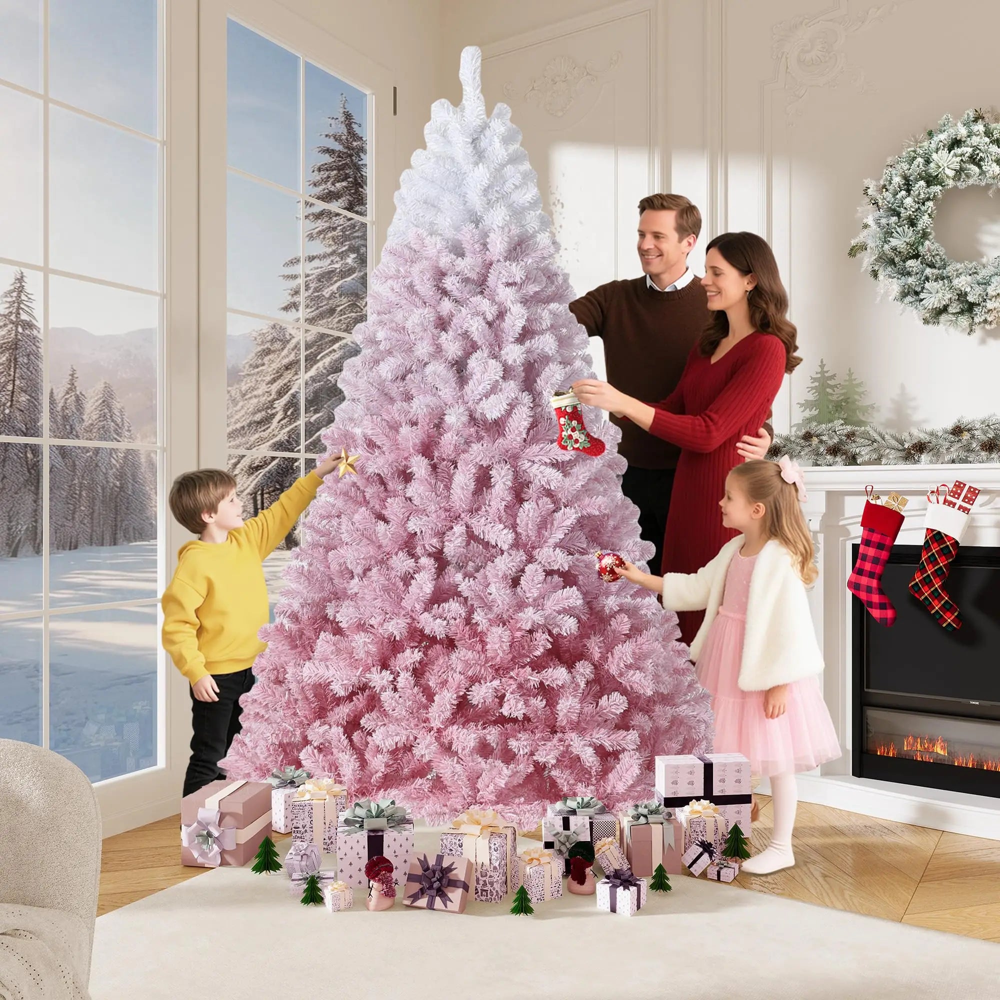 4.5 ft Prelit Artificial Christmas Tree with 100 RGB & Warm White Lights, Pre-Lit Snow Flocked Christmas Tree, Foldable Base for Home Office Party Holiday Decor - The LW Shop