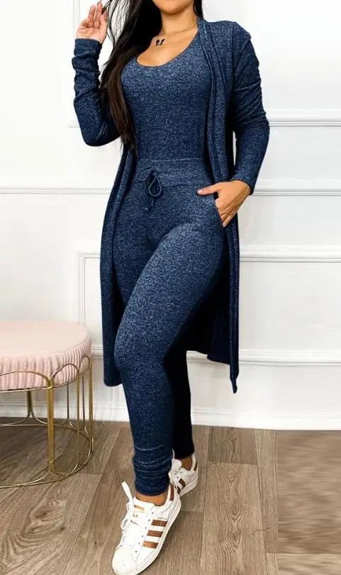 Two Piece Set Women Outfit 2023 Spring Fashion Drawstring Pocket Design U-Neck Sleeveless Skinny Jumpsuit & Long Sleeve Coat Set - The LW Shop