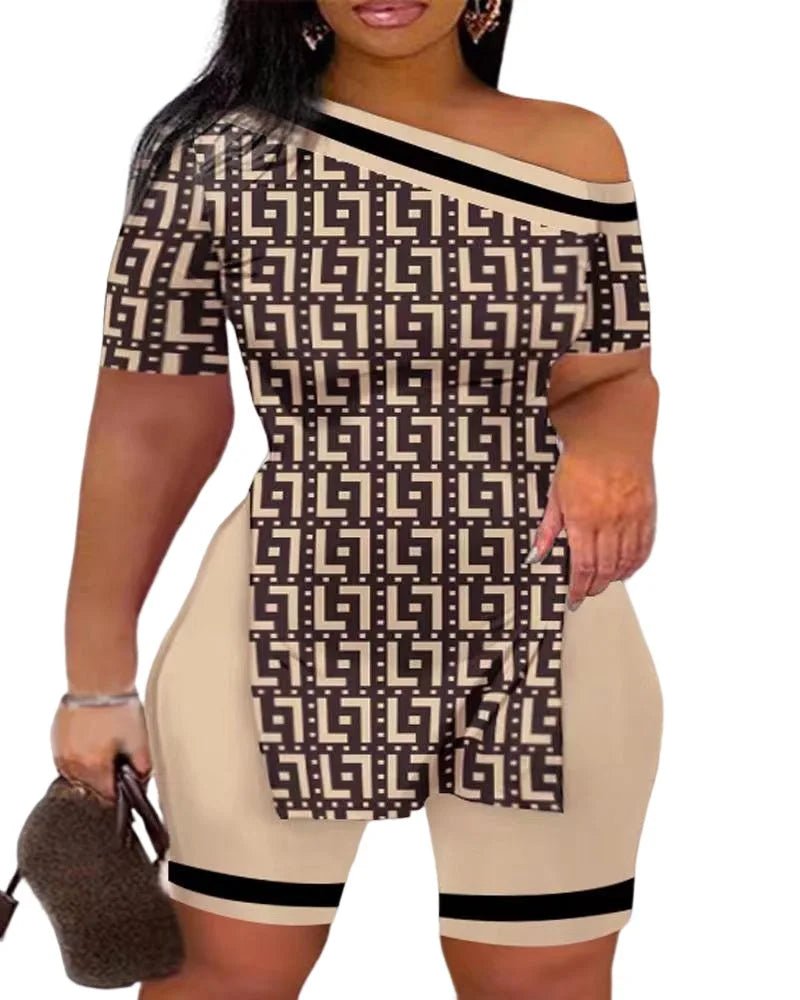 Print Two Piece Shorts Sets Women Skew Collar Short Sleeve Shirts Side Split Tops Pullover Elastic Waist Trousers Summer 2025 - The LW Shop