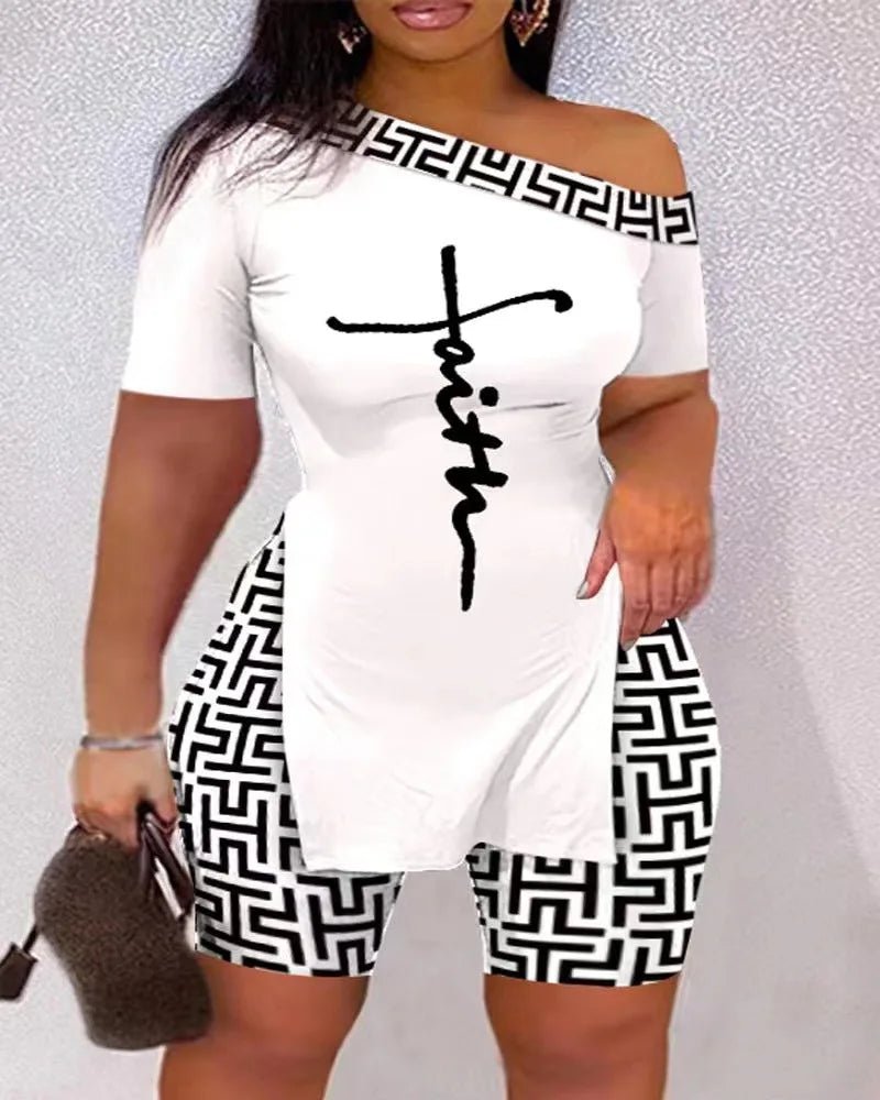 Print Two Piece Shorts Sets Women Skew Collar Short Sleeve Shirts Side Split Tops Pullover Elastic Waist Trousers Summer 2025 - The LW Shop