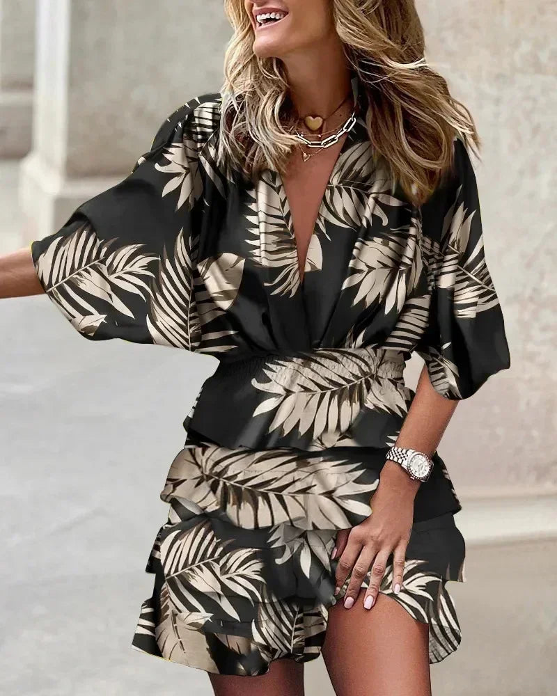 Vestido corto informal de calle para mujer, con estampado de manga murciélago, cuello en V, holgado, elegante, con cordones, volantes, estilo playero, otoño 2024