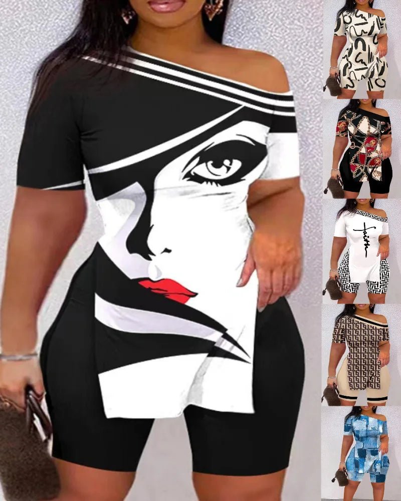 Print Two Piece Shorts Sets Women Skew Collar Short Sleeve Shirts Side Split Tops Pullover Elastic Waist Trousers Summer 2025 - The LW Shop