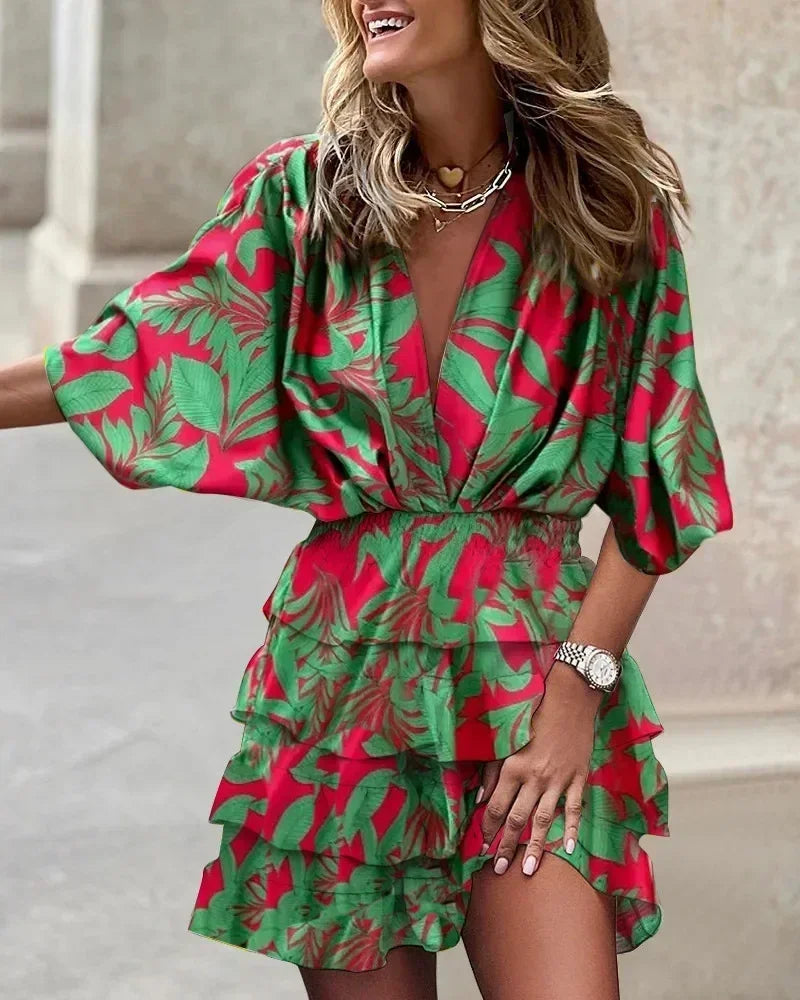 Vestido corto informal de calle para mujer, con estampado de manga murciélago, cuello en V, holgado, elegante, con cordones, volantes, estilo playero, otoño 2024
