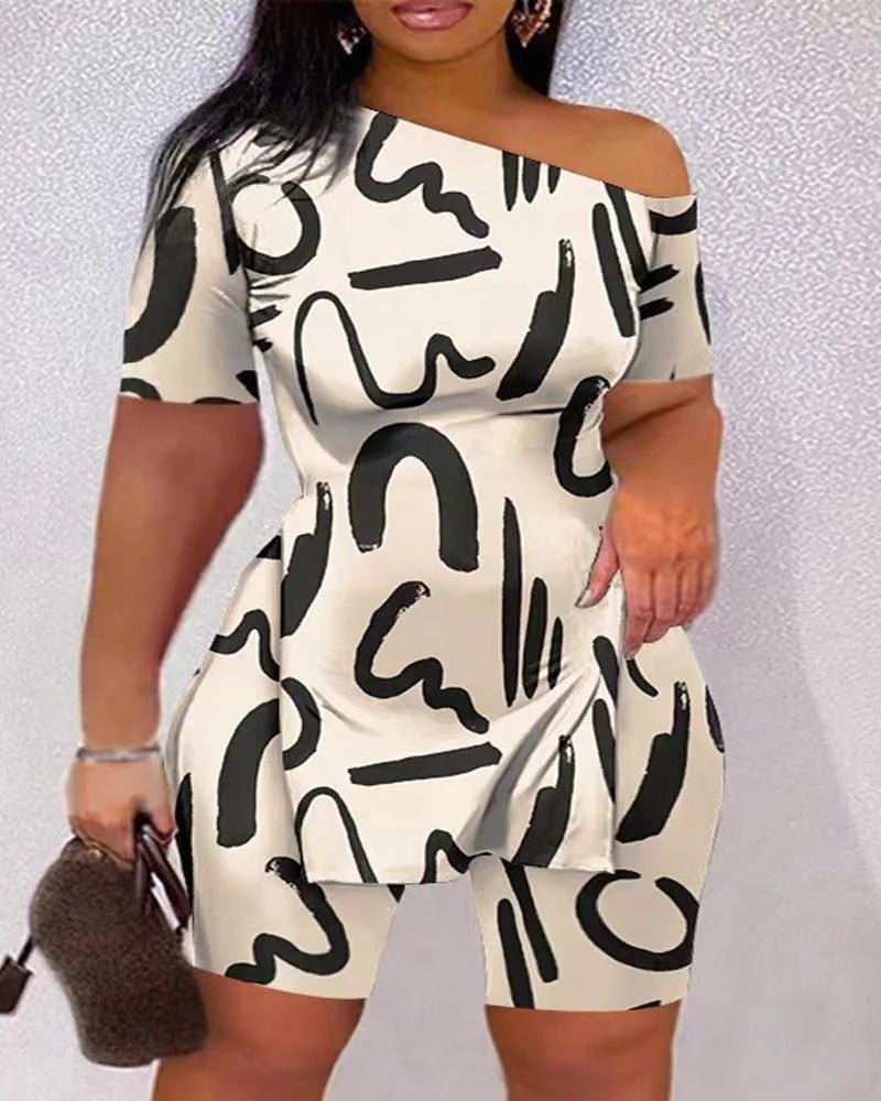 Print Two Piece Shorts Sets Women Skew Collar Short Sleeve Shirts Side Split Tops Pullover Elastic Waist Trousers Summer 2025 - The LW Shop