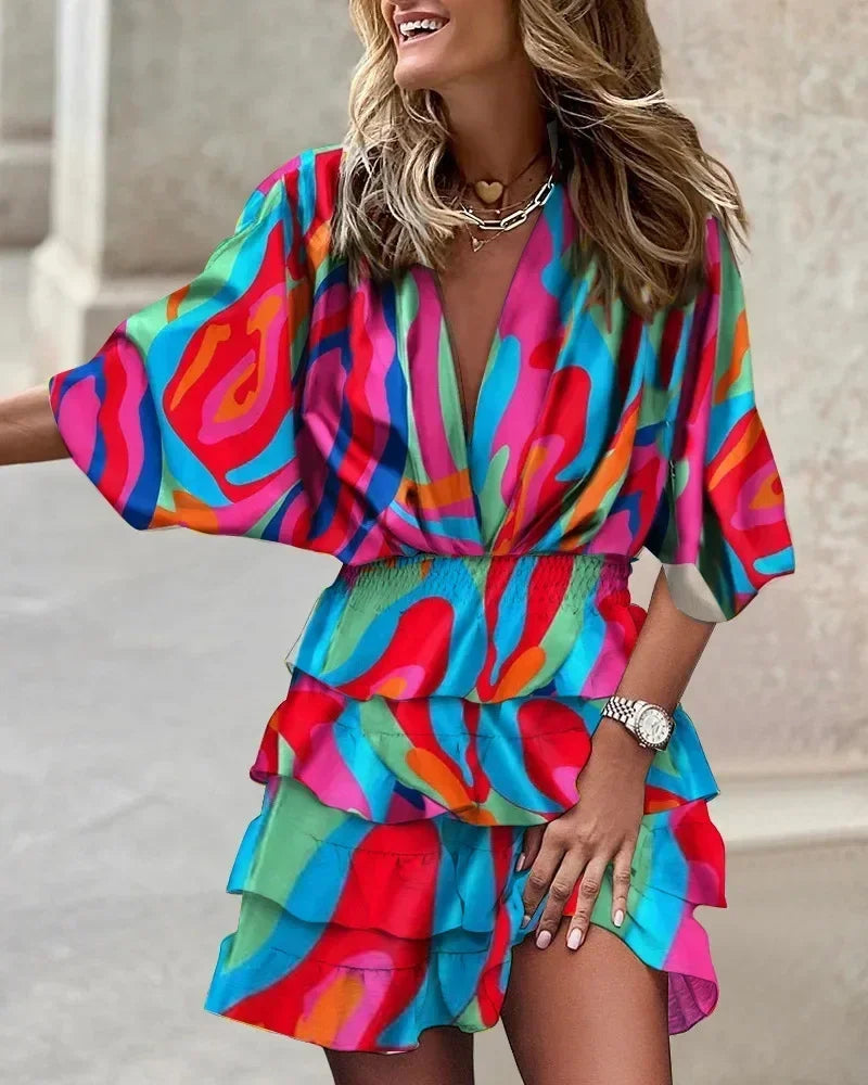 Vestido corto informal de calle para mujer, con estampado de manga murciélago, cuello en V, holgado, elegante, con cordones, volantes, estilo playero, otoño 2024