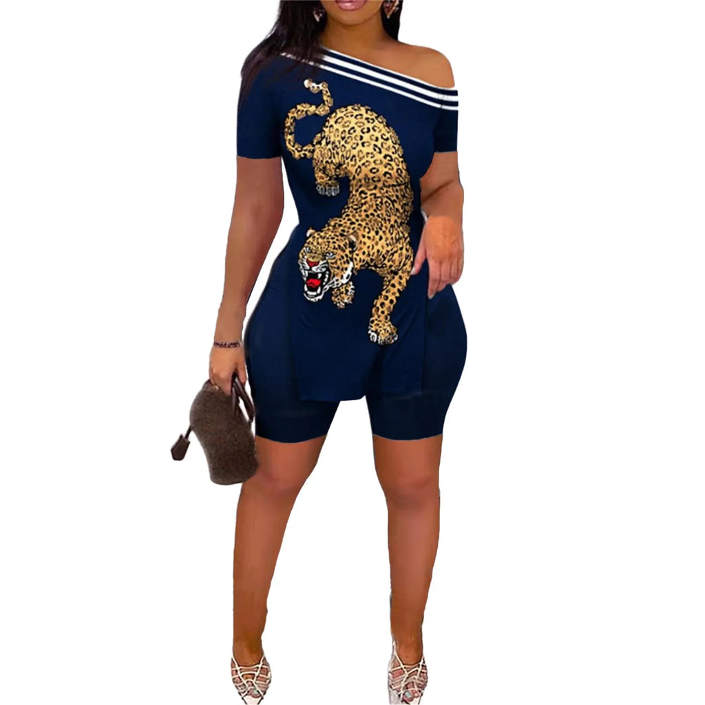 Print Two Piece Shorts Sets Women Skew Collar Short Sleeve Shirts Side Split Tops Pullover Elastic Waist Trousers Summer 2025 - The LW Shop