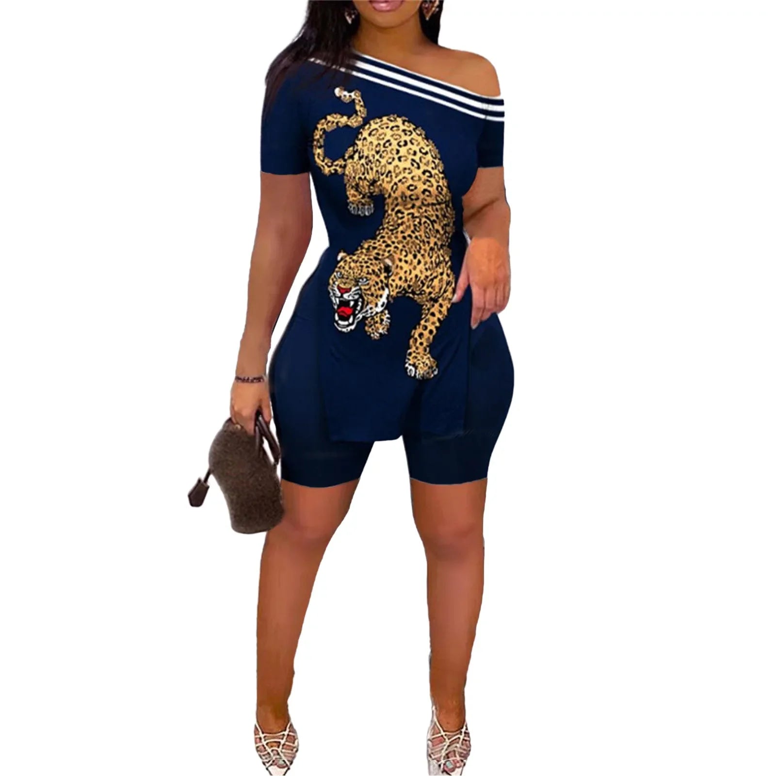 Print Two Piece Shorts Sets Women Skew Collar Short Sleeve Shirts Side Split Tops Pullover Elastic Waist Trousers Summer 2025 - The LW Shop