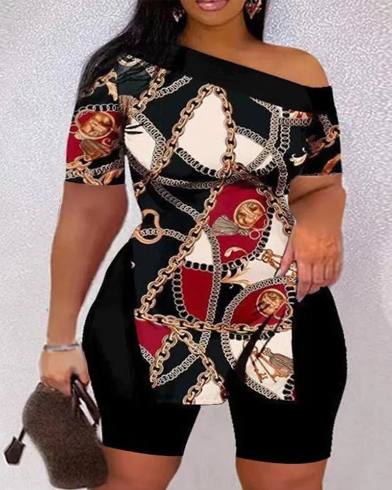 Print Two Piece Shorts Sets Women Skew Collar Short Sleeve Shirts Side Split Tops Pullover Elastic Waist Trousers Summer 2025 - The LW Shop
