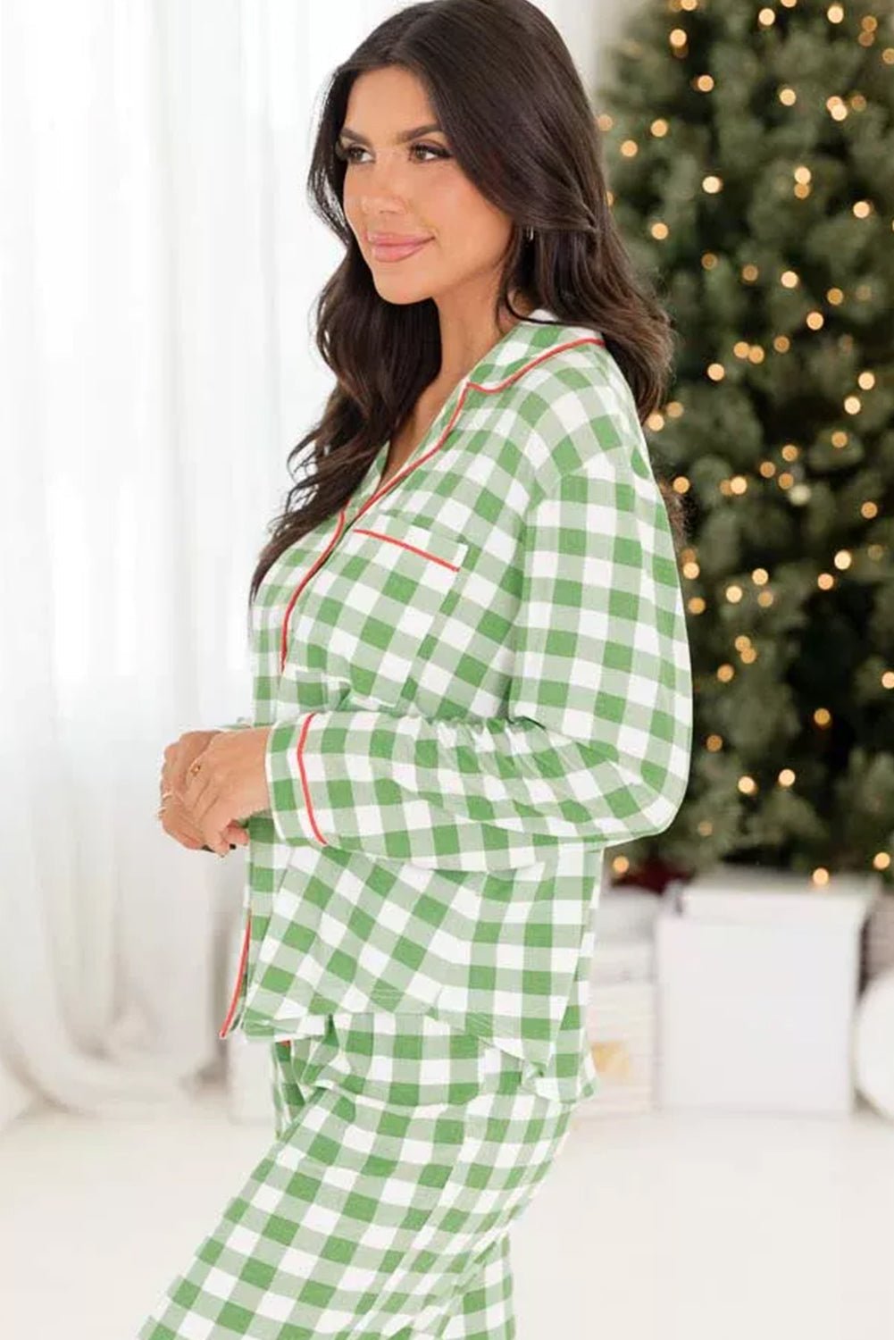 Light Green Christmas Plaid Print Shirt and Pants Pajama Set - The LW Shop