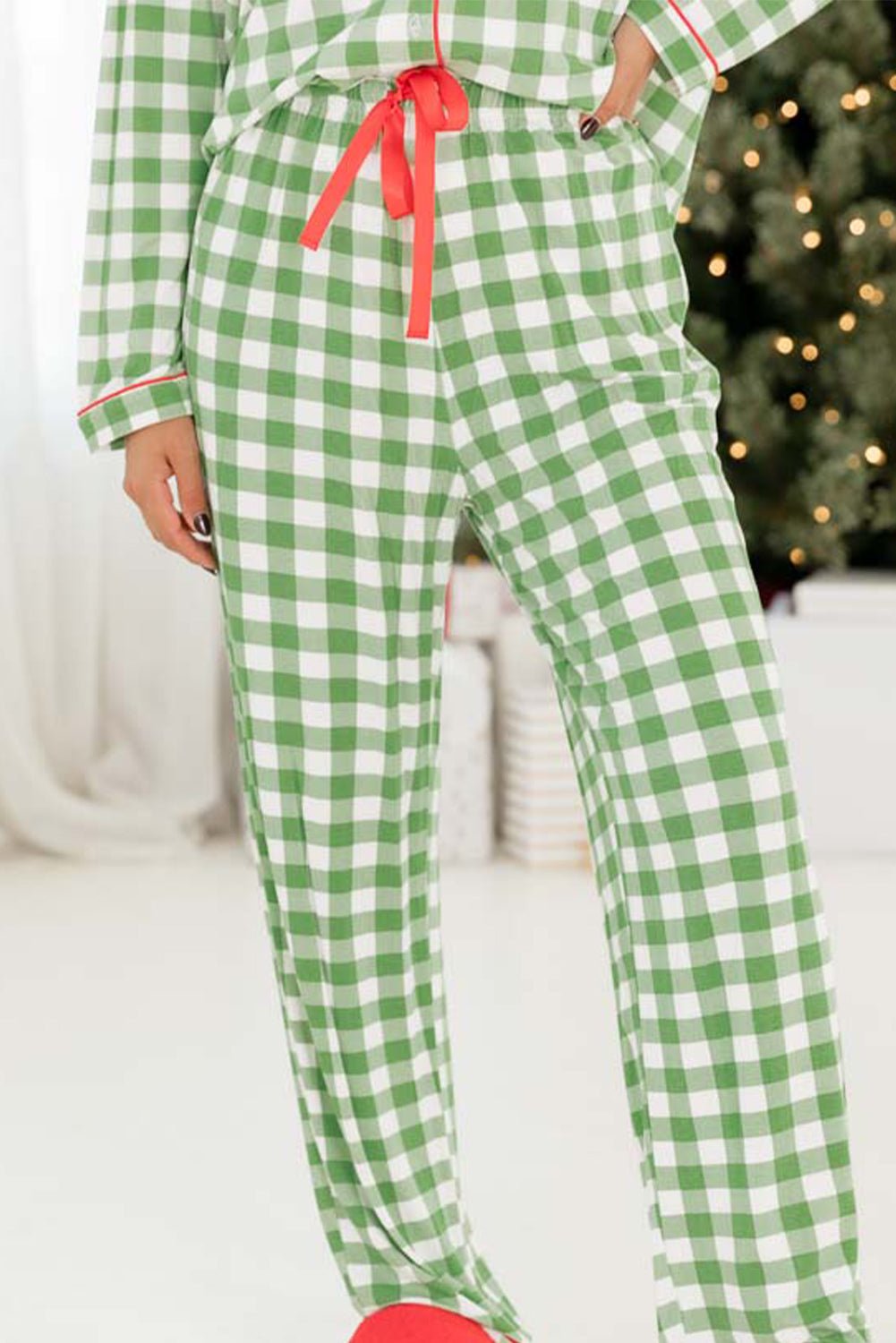 Light Green Christmas Plaid Print Shirt and Pants Pajama Set - The LW Shop