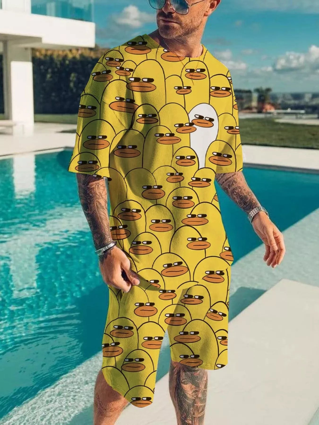Men's Full Size Printed Short Sleeve Tee and Shorts Plus Size