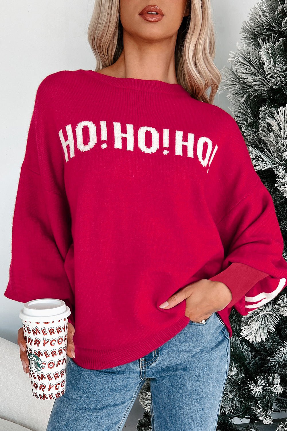 Fiery Red HO HO HO MERRY CHRISTMAS Drop Shoulder Loose Sweater - The LW Shop