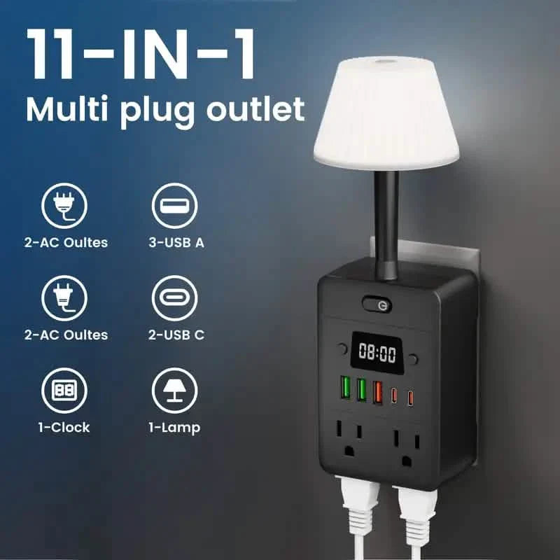 Regleta Enchufes Múltiple 11 en 1 con Lámpara de Escritorio, Reloj, Puertos USB y Protección contra Sobretensiones