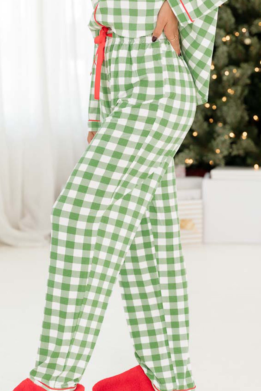 Light Green Christmas Plaid Print Shirt and Pants Pajama Set - The LW Shop