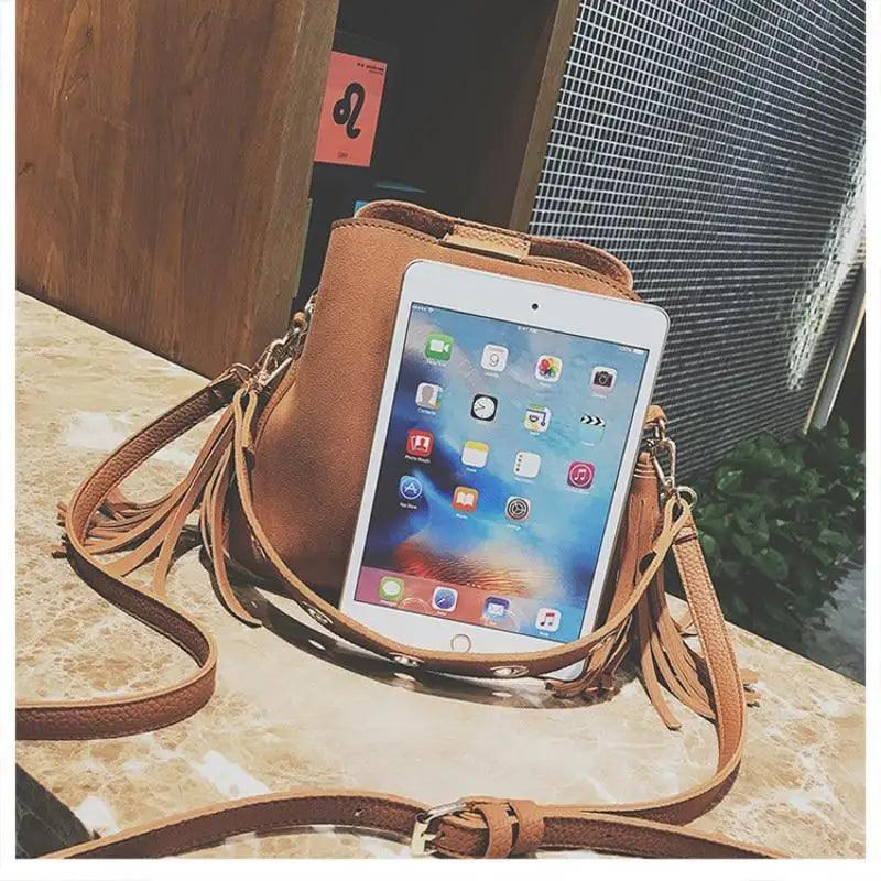 New Fashionable Scrub Women Bucket Bag Vintage Tassel Messenger Bag High Quality Shoulder Bag Simple Crossbody Bag For Females - The LW Shop